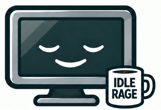 Smiling sleepy computer with an IDLE RAGE coffee mug