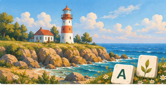 Conceptual art for Mahjabble showing a coastal lighthouse and word tiles